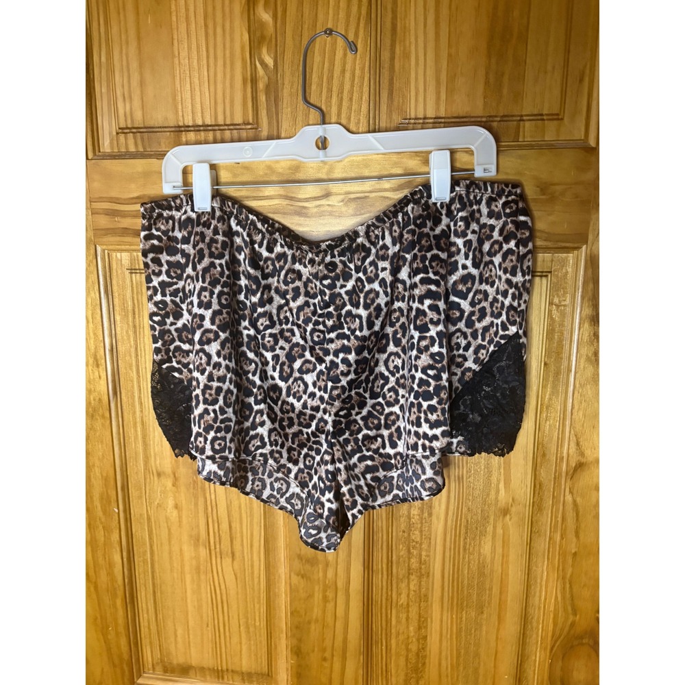 Joyspun Leopard Print Satin Pajama Shorts Lace Trim XL 16-18 Brown Black Animal